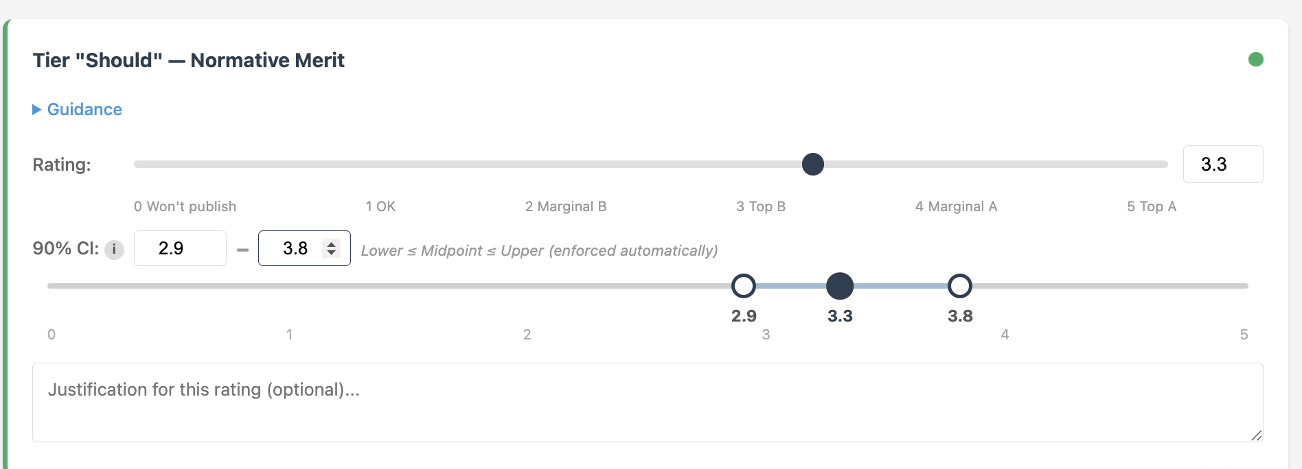 Evaluation form showing rating slider with confidence interval inputs and journal-tier scale from 0 (won't publish) to 5 (top journal)